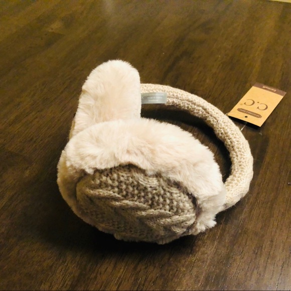 C.C Beige Cable Knit Ear Muffs w/Faux Fur - Picture 4 of 5